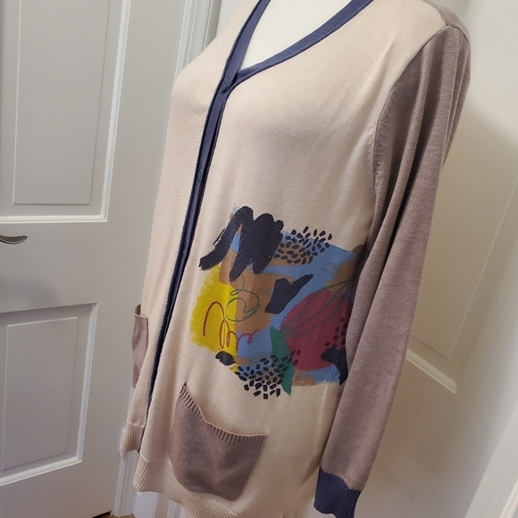 LOGO by Lori Goldstein Color Block W/Graphic Print Knit Cardigan Large, Soft - Picture 3 of 12